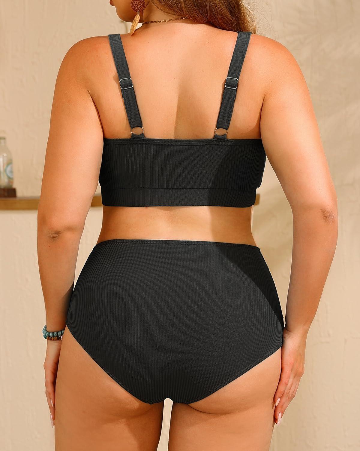 imageWomen Plus Size High Waisted Bikini  Ribbed Two Piece Swimsuit Tummy Control Bathing Suit VWired 2025 SwimwearBlack