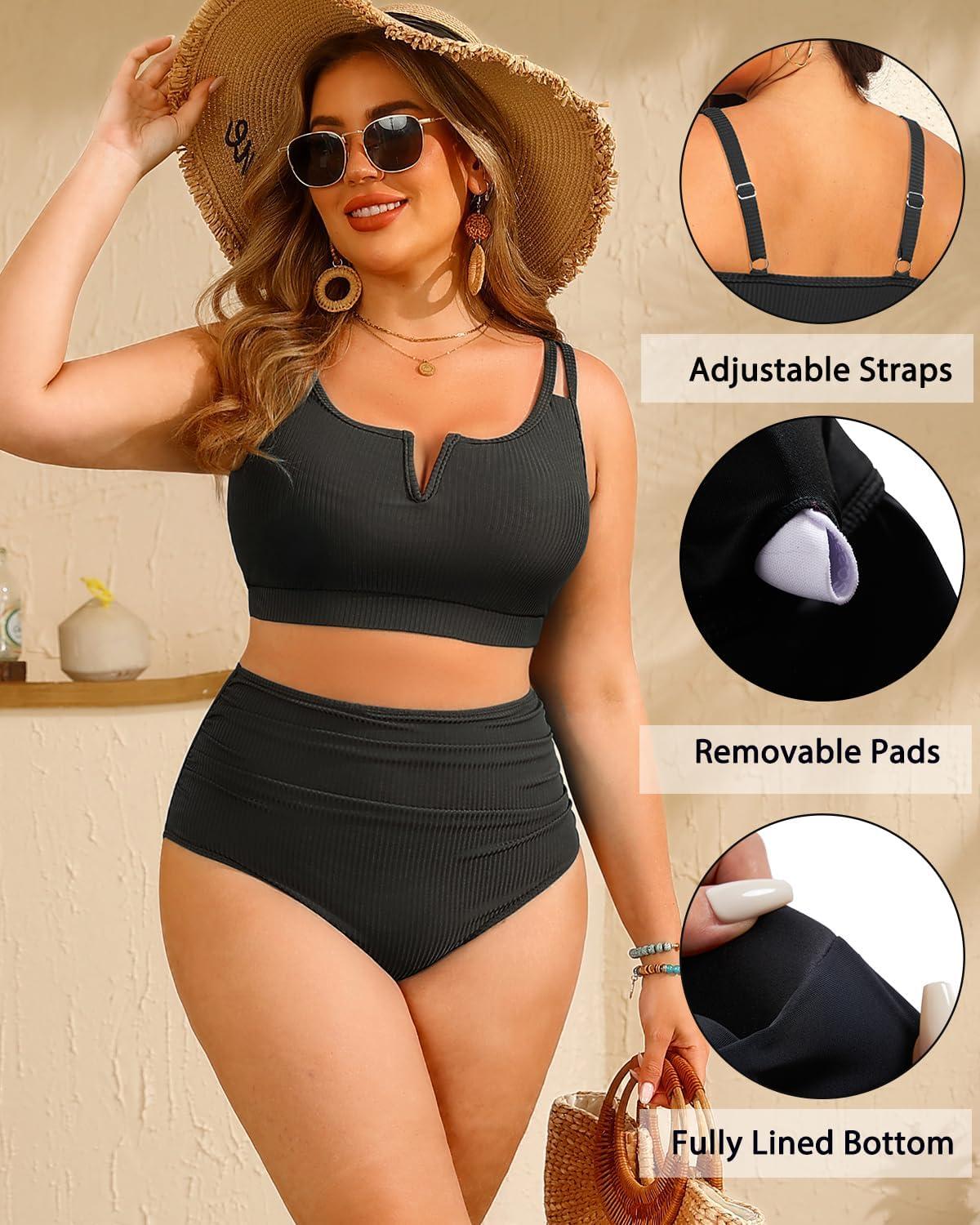 imageWomen Plus Size High Waisted Bikini  Ribbed Two Piece Swimsuit Tummy Control Bathing Suit VWired 2025 SwimwearBlack