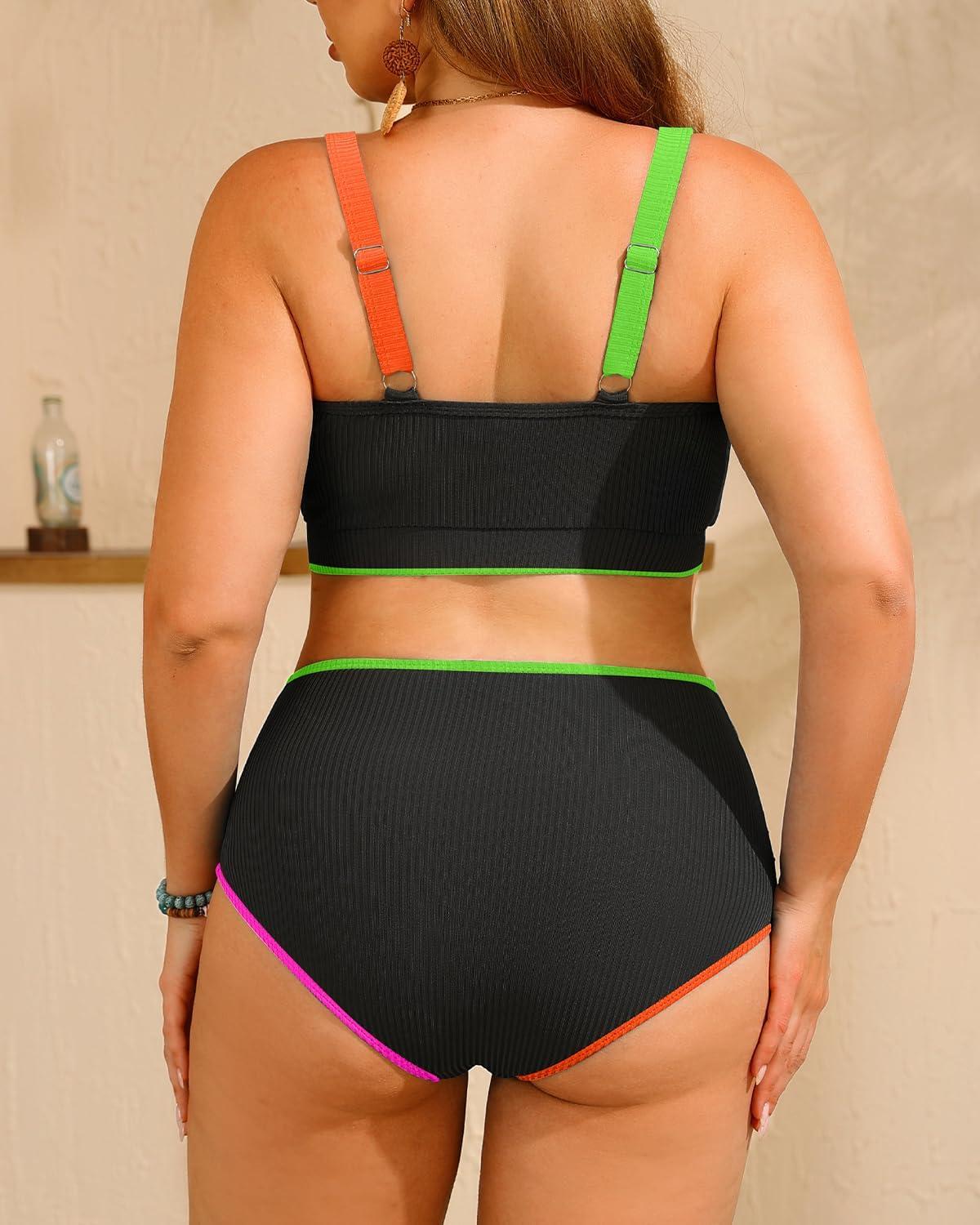 imageWomen Plus Size High Waisted Bikini  Ribbed Two Piece Swimsuit Tummy Control Bathing Suit VWired 2025 SwimwearColorful Black