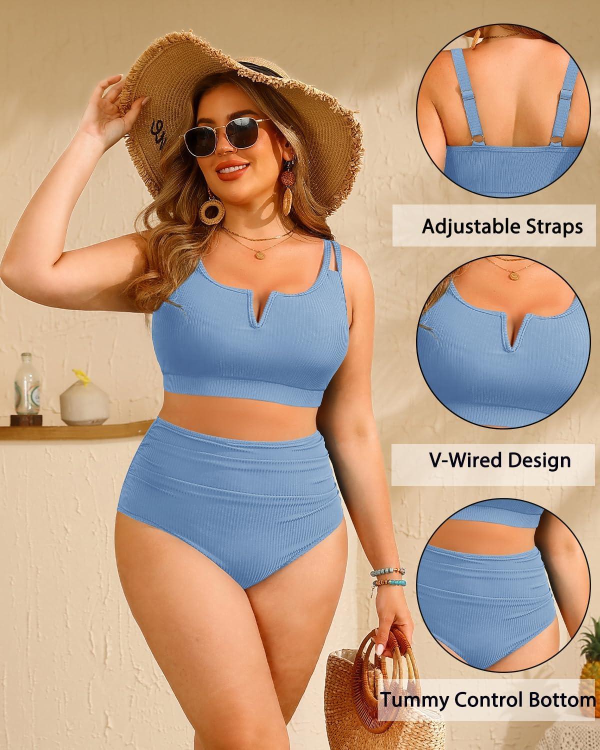 imageWomen Plus Size High Waisted Bikini  Ribbed Two Piece Swimsuit Tummy Control Bathing Suit VWired 2025 SwimwearGray Blue