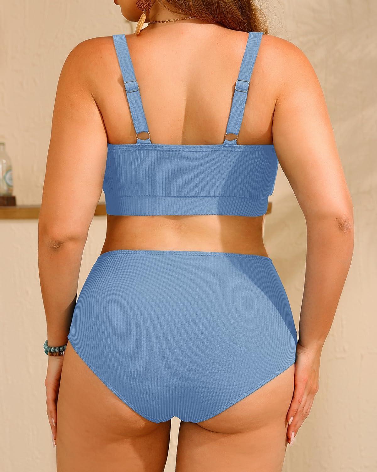 imageWomen Plus Size High Waisted Bikini  Ribbed Two Piece Swimsuit Tummy Control Bathing Suit VWired 2025 SwimwearGray Blue
