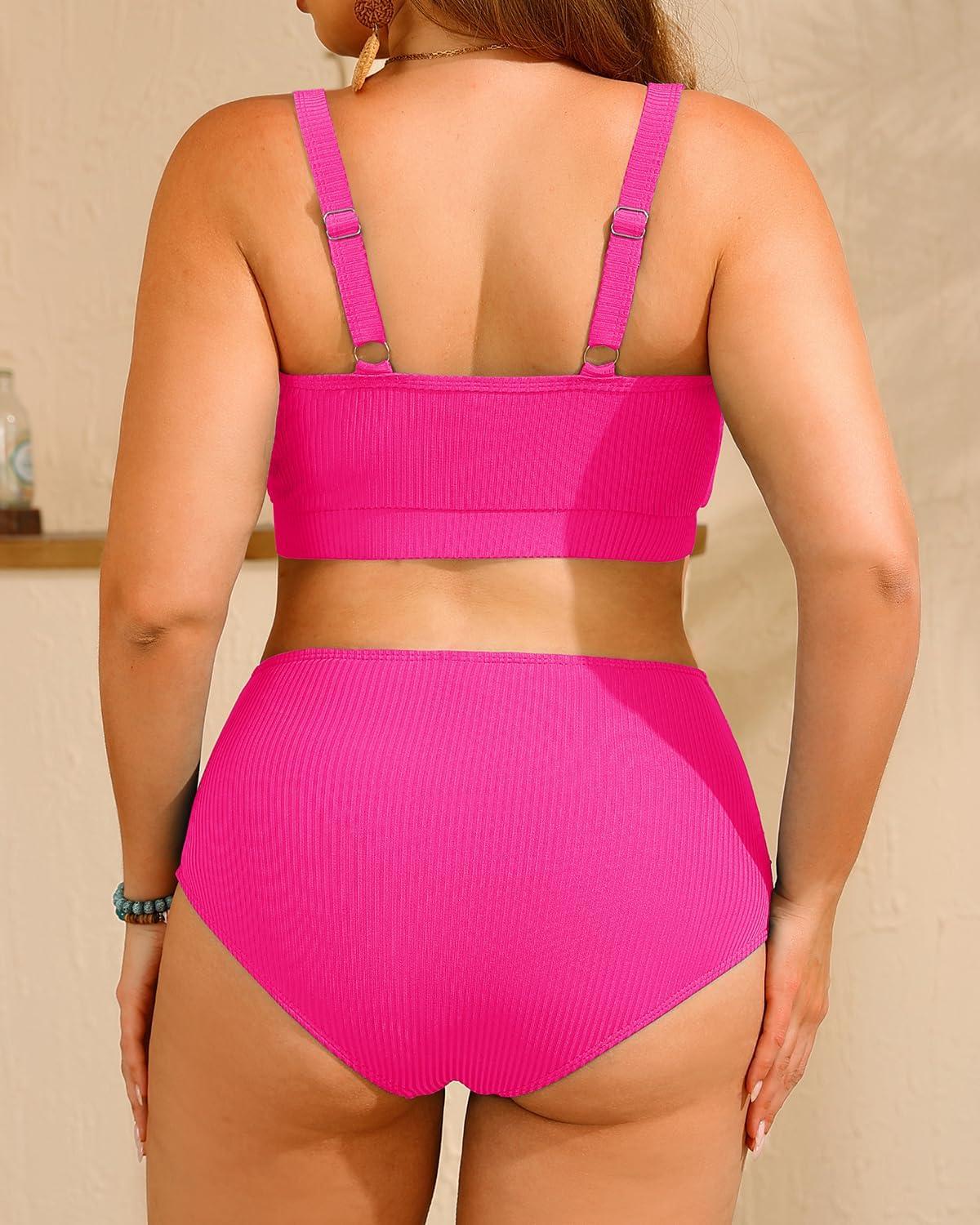 imageWomen Plus Size High Waisted Bikini  Ribbed Two Piece Swimsuit Tummy Control Bathing Suit VWired 2025 SwimwearNeon Pink3