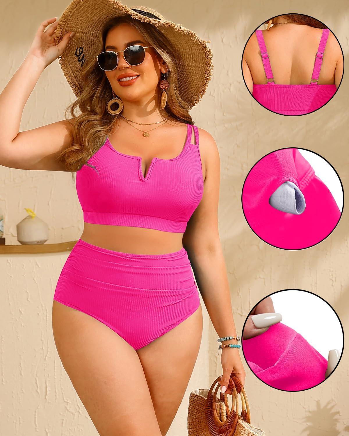 imageWomen Plus Size High Waisted Bikini  Ribbed Two Piece Swimsuit Tummy Control Bathing Suit VWired 2025 SwimwearNeon Pink3
