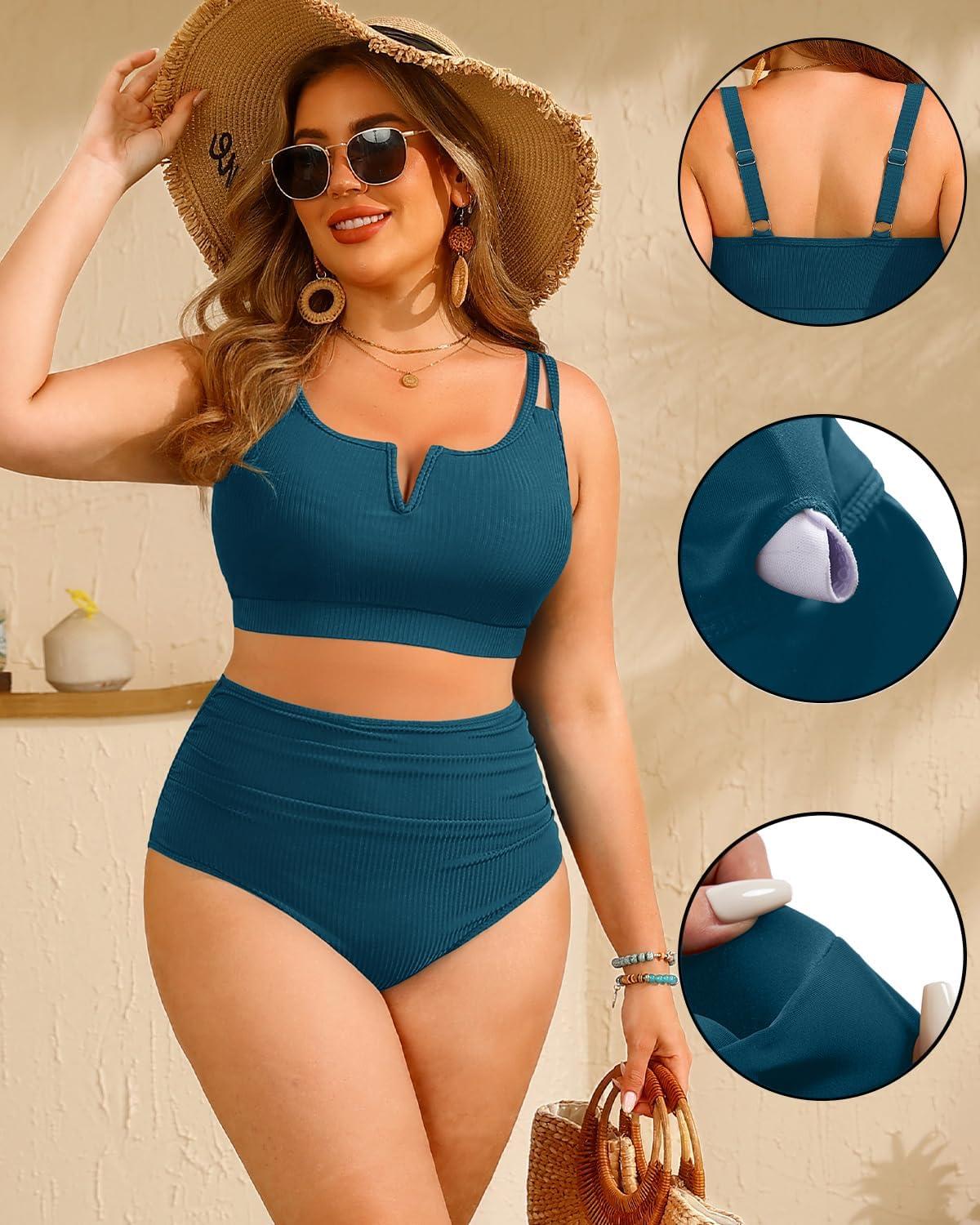 imageWomen Plus Size High Waisted Bikini  Ribbed Two Piece Swimsuit Tummy Control Bathing Suit VWired 2025 SwimwearTeal
