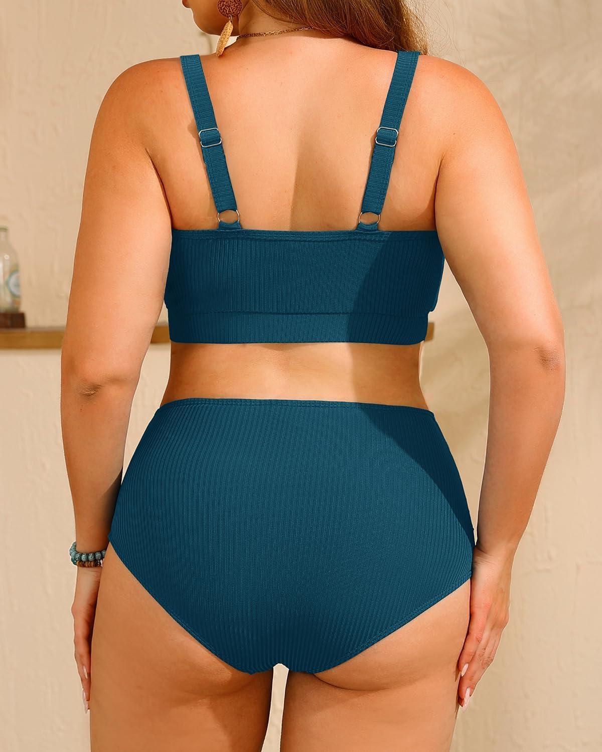 imageWomen Plus Size High Waisted Bikini  Ribbed Two Piece Swimsuit Tummy Control Bathing Suit VWired 2025 SwimwearTeal
