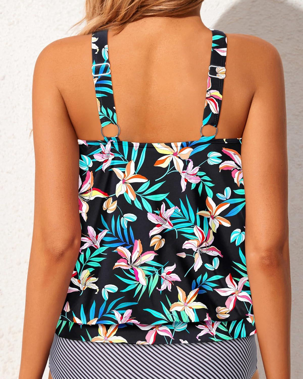 imageWomens High Neck Tankini Top  Blouson Bathing Suit Top Loose Fit Swim Top 2025 Modest Swimsuit Top No BottomBlack  Floral