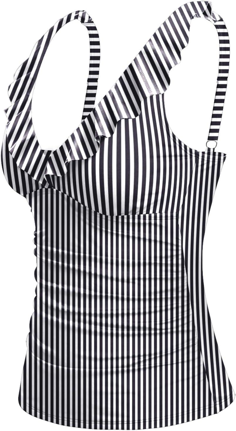 imageWomens Underwire Tankini Top Only  Tummy Control Bathing Suit Top Ruffle Swimsuit 2025Black Striped