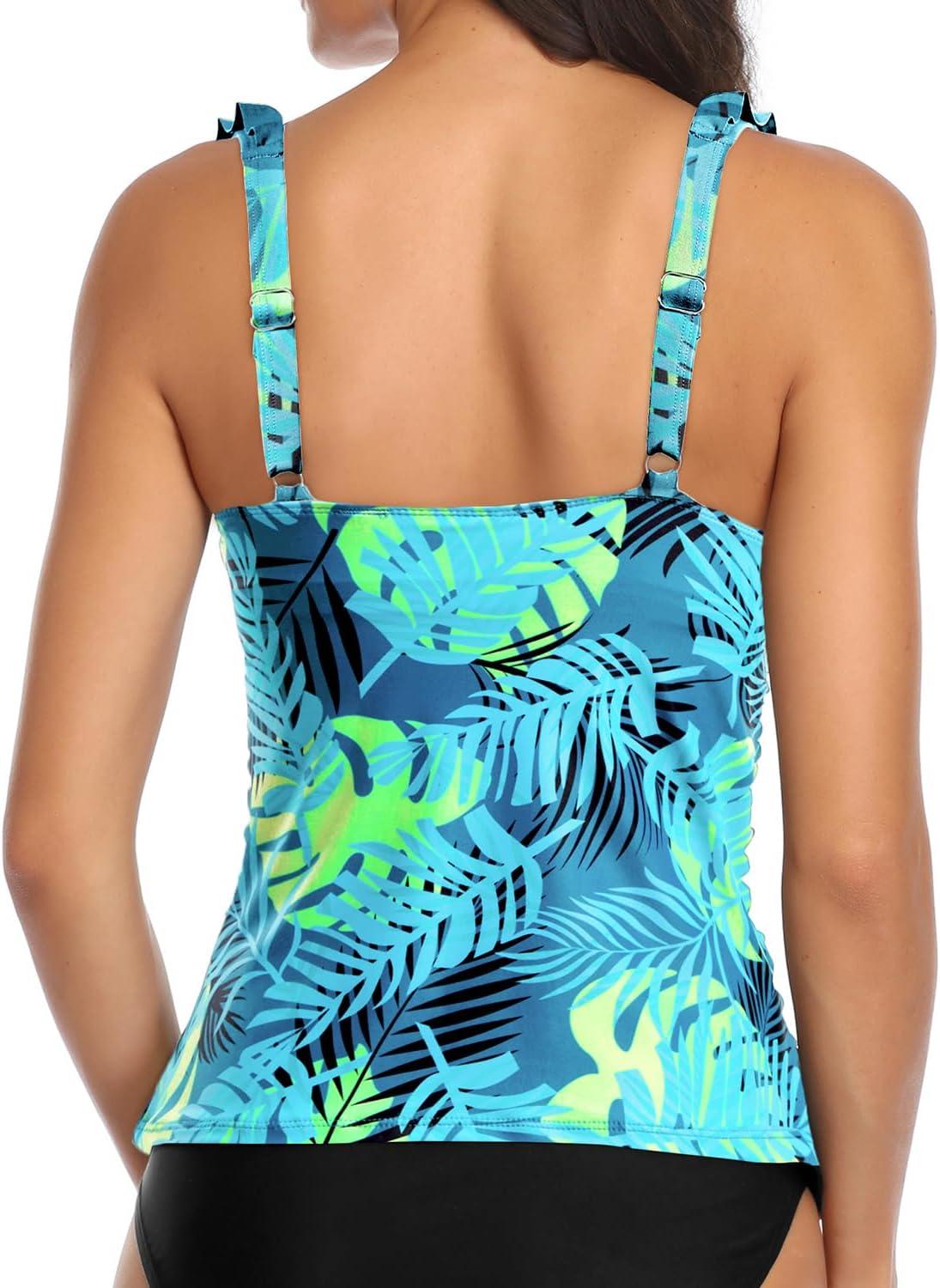imageWomens Underwire Tankini Top Only  Tummy Control Bathing Suit Top Ruffle Swimsuit 2025Blue Green Leaves
