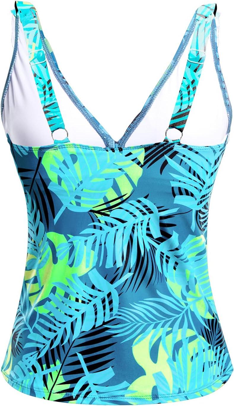 imageWomens Underwire Tankini Top Only  Tummy Control Bathing Suit Top Ruffle Swimsuit 2025Blue Green Leaves