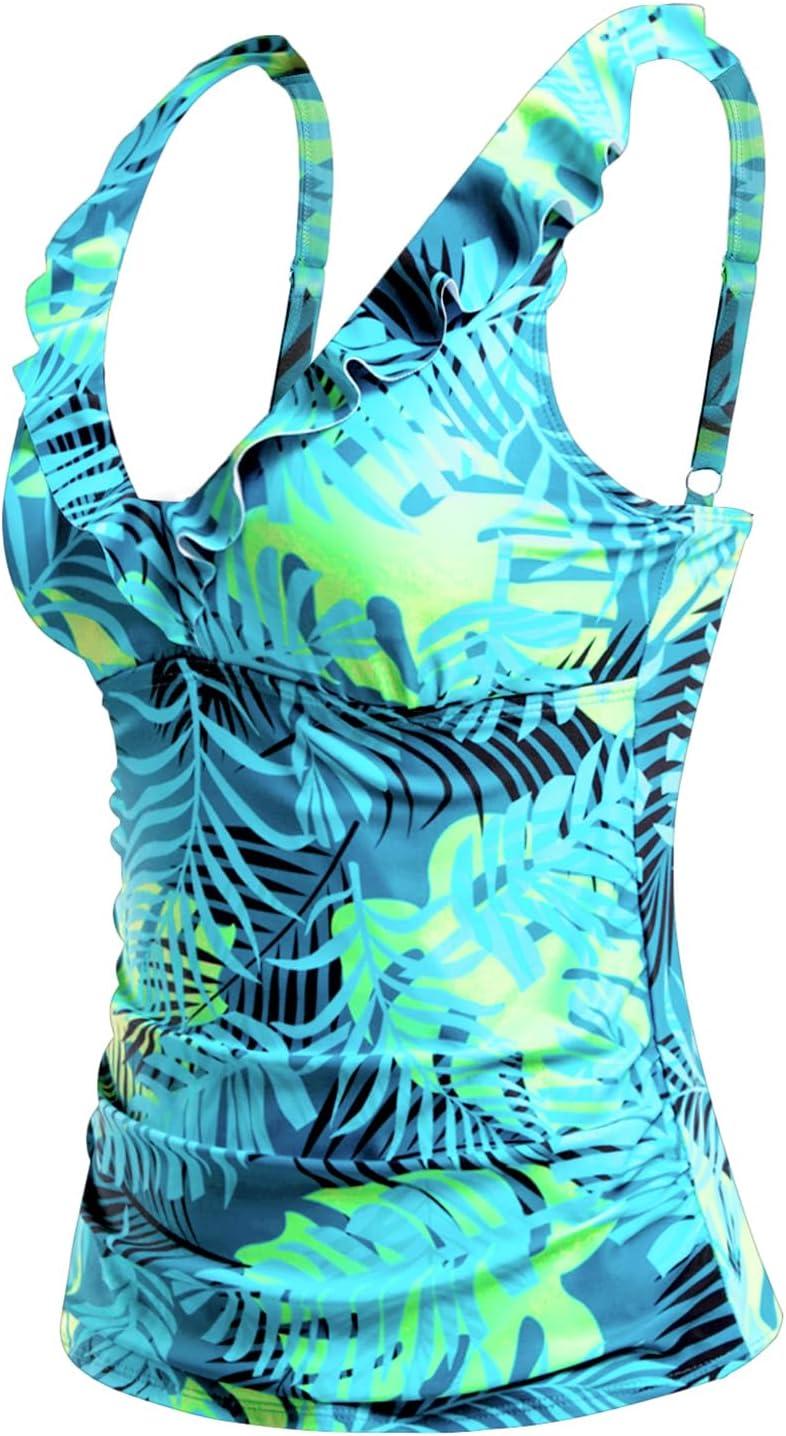 imageWomens Underwire Tankini Top Only  Tummy Control Bathing Suit Top Ruffle Swimsuit 2025Blue Green Leaves