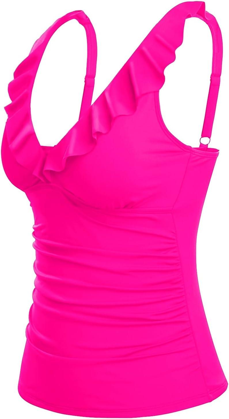 imageWomens Underwire Tankini Top Only  Tummy Control Bathing Suit Top Ruffle Swimsuit 2025Hot Pink