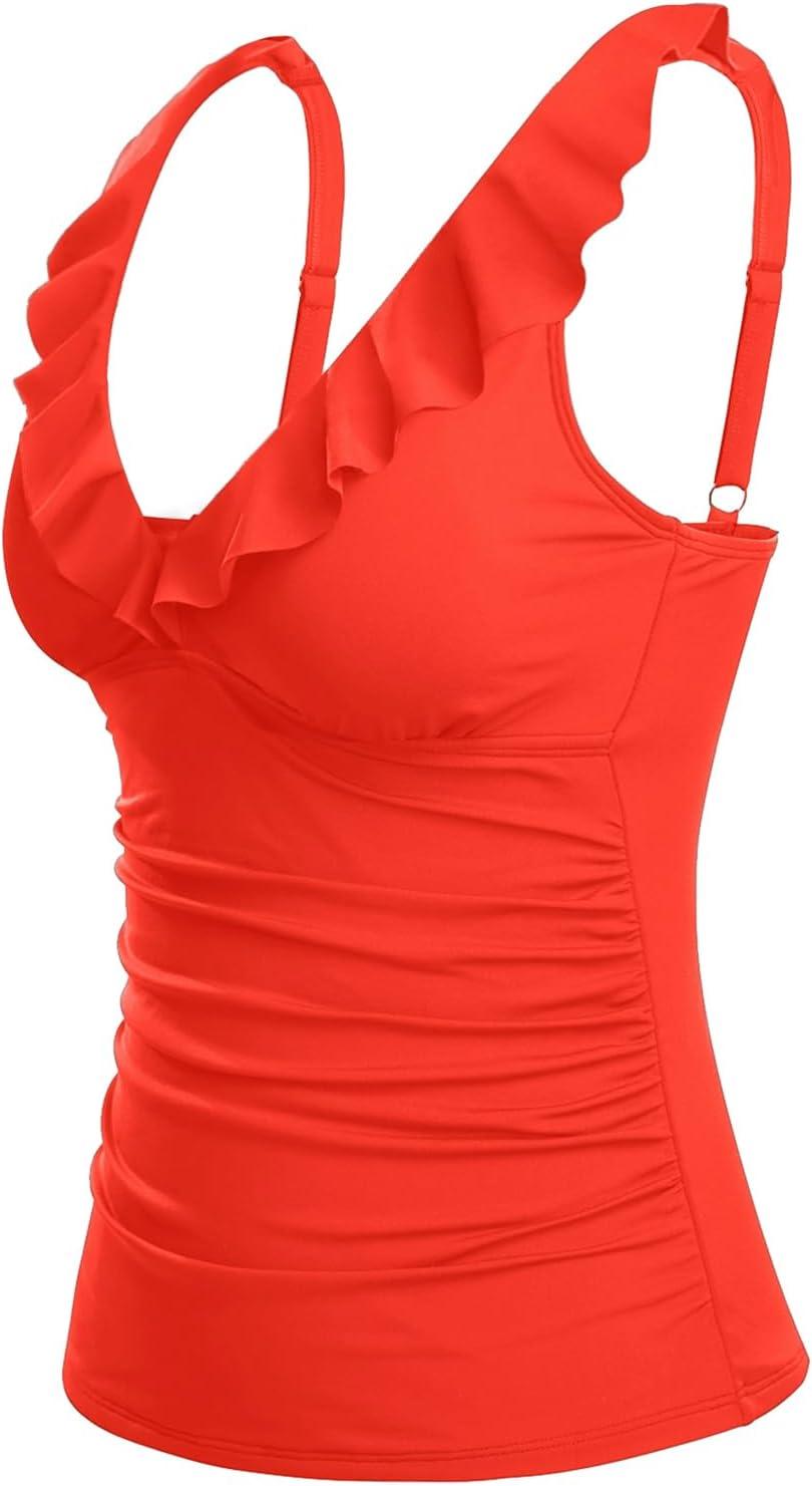 imageWomens Underwire Tankini Top Only  Tummy Control Bathing Suit Top Ruffle Swimsuit 2025Red