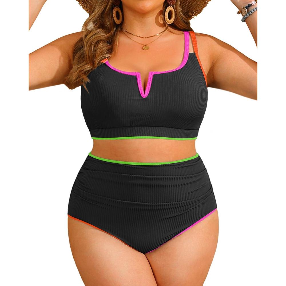 imageWomen Plus Size High Waisted Bikini  Ribbed Two Piece Swimsuit Tummy Control Bathing Suit VWired 2025 SwimwearColorful Black