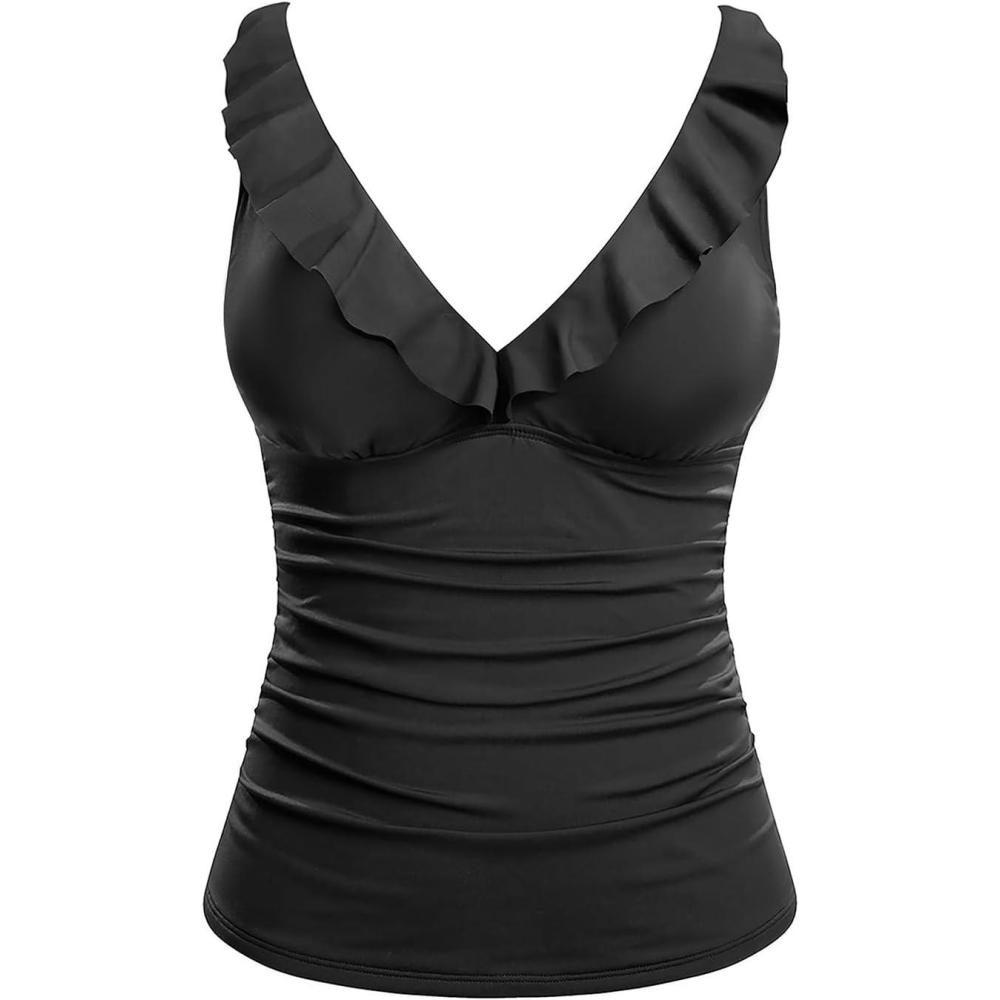 imageWomens Underwire Tankini Top Only  Tummy Control Bathing Suit Top Ruffle Swimsuit 2025Black