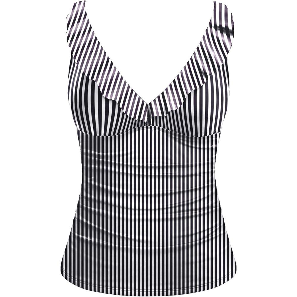imageWomens Underwire Tankini Top Only  Tummy Control Bathing Suit Top Ruffle Swimsuit 2025Black Striped