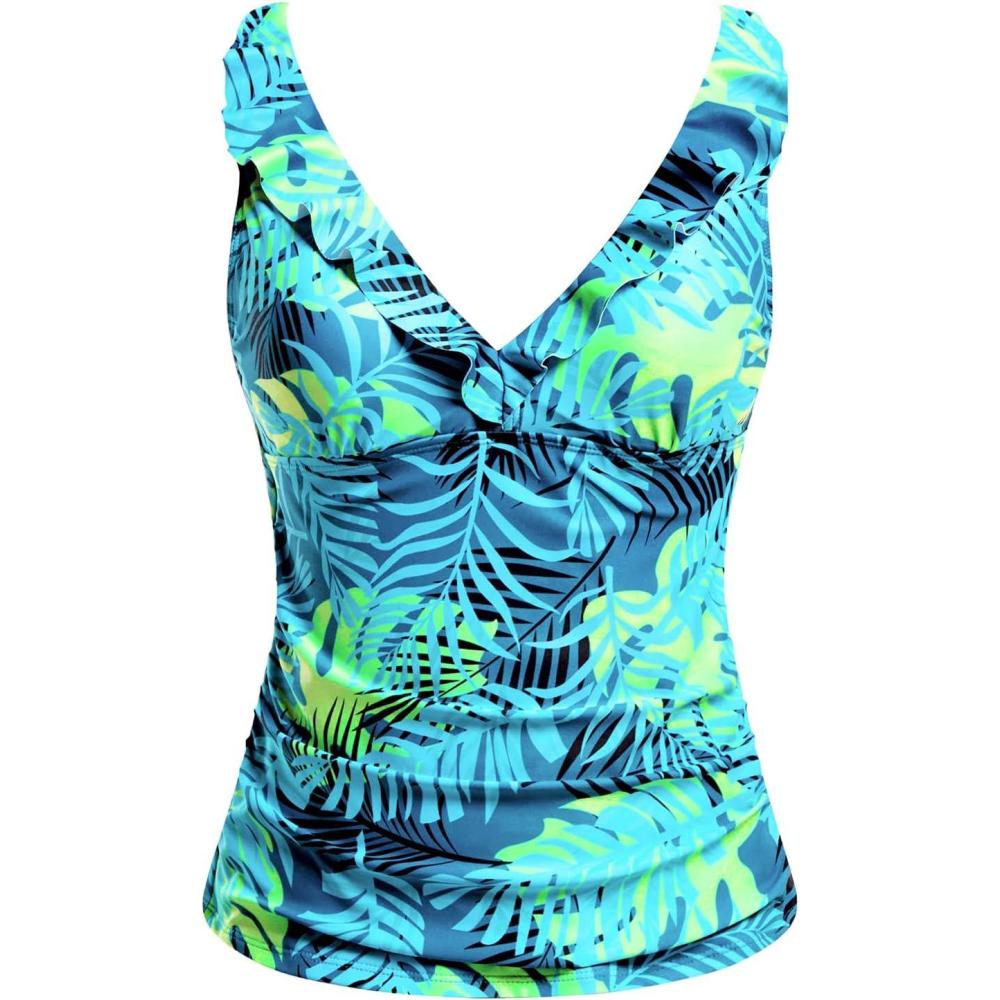 imageWomens Underwire Tankini Top Only  Tummy Control Bathing Suit Top Ruffle Swimsuit 2025Blue Green Leaves