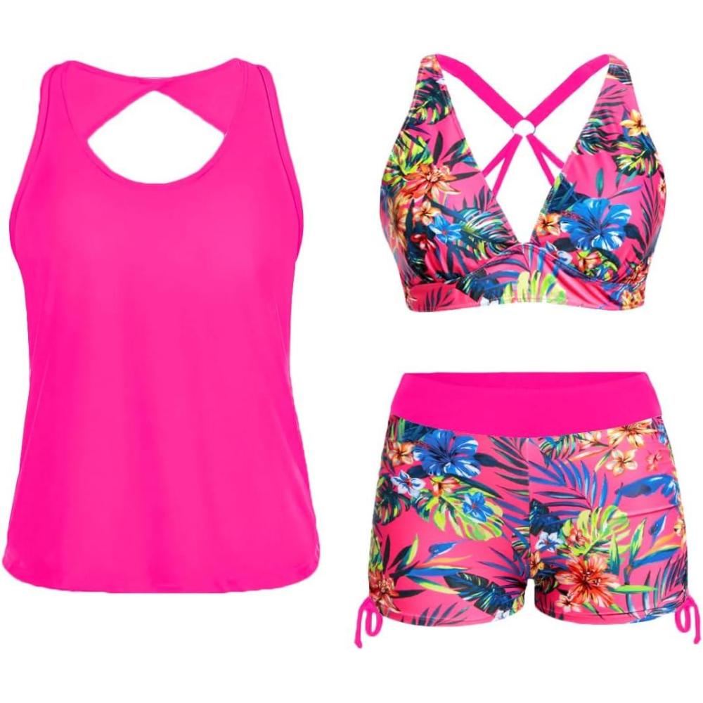 imageYonique 3 Piece Tankini Swimsuits for Women Swim Tank Top Bathing Suits with Boy Shorts and Bra Athletic SwimwearPink Floral
