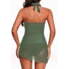 imageTankini Bathing Suit for Women  Two Piece Swimsuit with Skirt Tummy Control Swimwear Halter Mesh Swim Dress 2025Olive Green