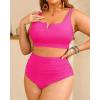 imageWomen Plus Size High Waisted Bikini  Ribbed Two Piece Swimsuit Tummy Control Bathing Suit VWired 2025 SwimwearNeon Pink3