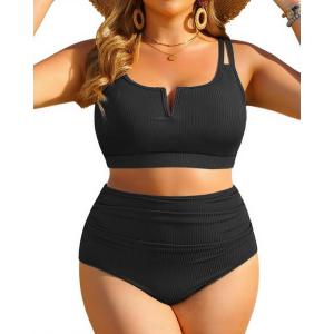 imageWomen Plus Size High Waisted Bikini  Ribbed Two Piece Swimsuit Tummy Control Bathing Suit VWired 2025 SwimwearBlack