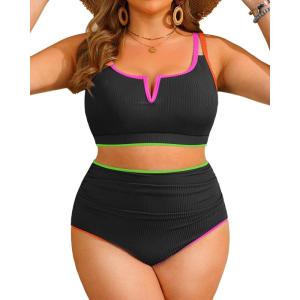 imageWomen Plus Size High Waisted Bikini  Ribbed Two Piece Swimsuit Tummy Control Bathing Suit VWired 2025 SwimwearColorful Black