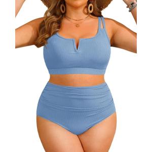 imageWomen Plus Size High Waisted Bikini  Ribbed Two Piece Swimsuit Tummy Control Bathing Suit VWired 2025 SwimwearGray Blue