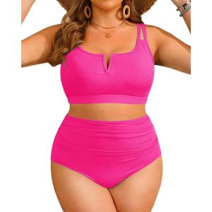 imageWomen Plus Size High Waisted Bikini  Ribbed Two Piece Swimsuit Tummy Control Bathing Suit VWired 2025 SwimwearNeon Pink3