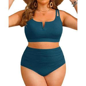 imageWomen Plus Size High Waisted Bikini  Ribbed Two Piece Swimsuit Tummy Control Bathing Suit VWired 2025 SwimwearTeal