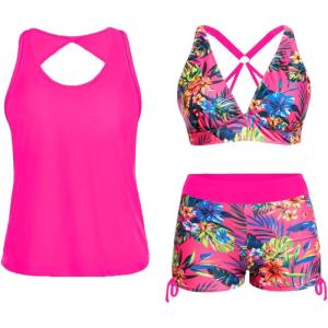 imageYonique 3 Piece Tankini Swimsuits for Women Swim Tank Top Bathing Suits with Boy Shorts and Bra Athletic SwimwearPink Floral