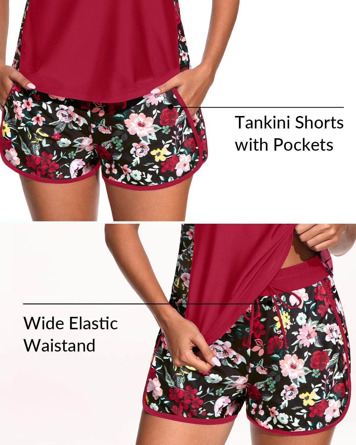 imageWomen Tankini Swimsuit with Shorts  Tummy Control Two Piece Bathing Suit 2025 Swimwear with Sporty PocketsRed Floral