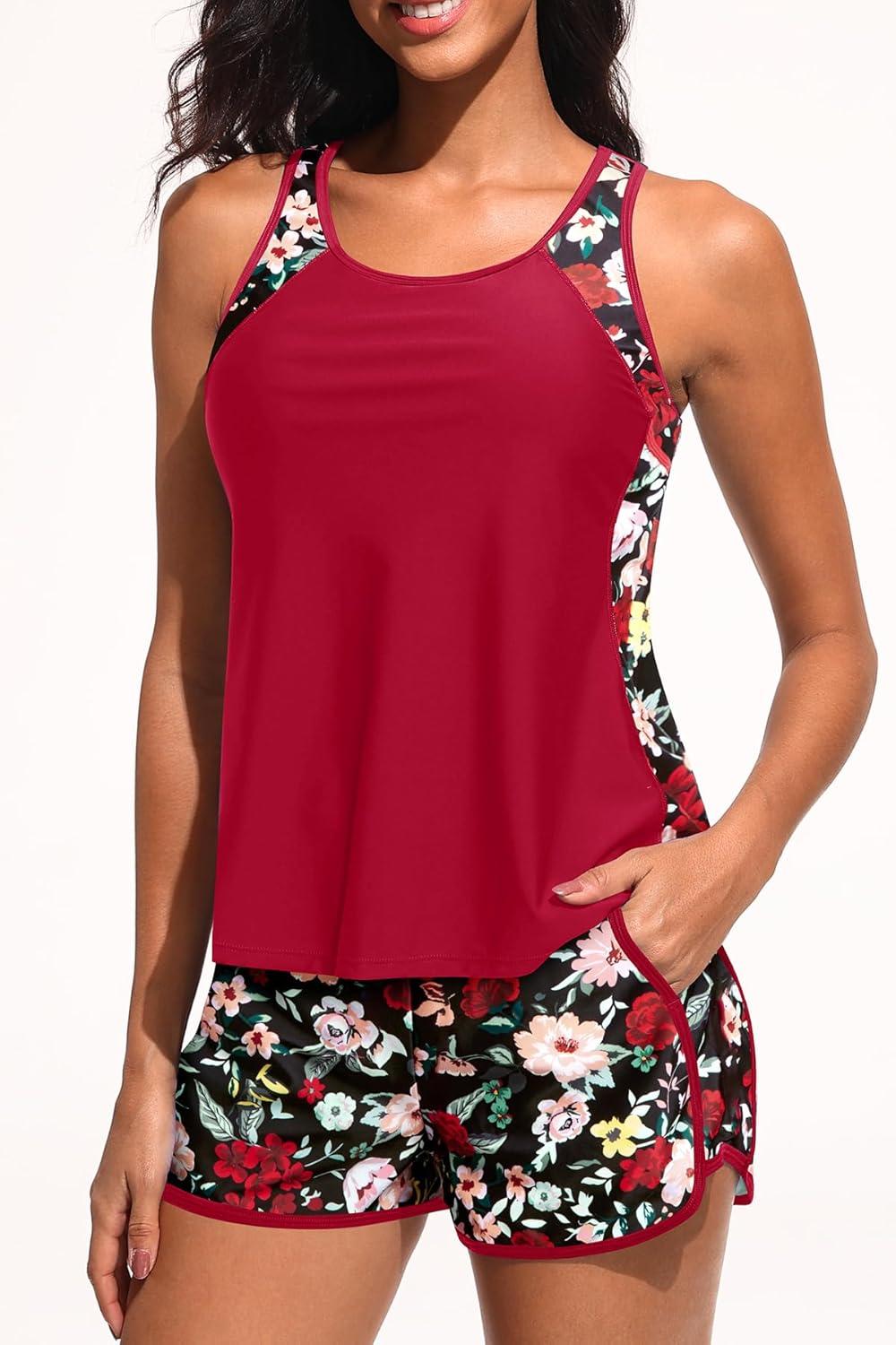 imageWomen Tankini Swimsuit with Shorts  Tummy Control Two Piece Bathing Suit 2025 Swimwear with Sporty PocketsRed Floral