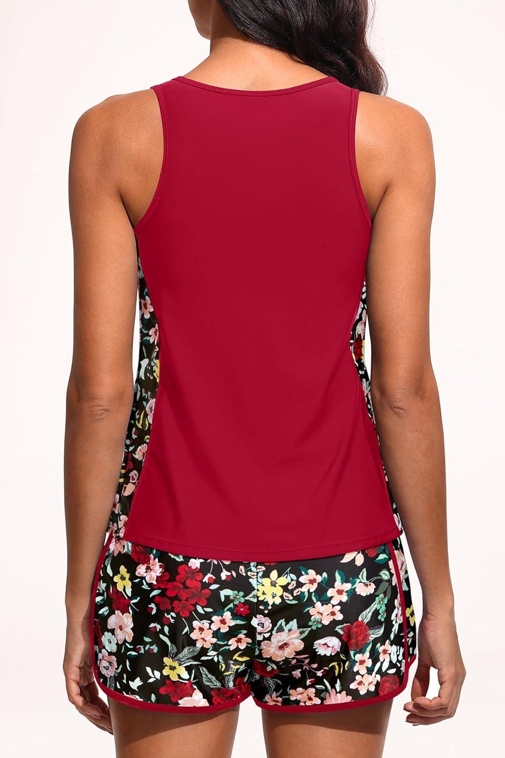 imageWomen Tankini Swimsuit with Shorts  Tummy Control Two Piece Bathing Suit 2025 Swimwear with Sporty PocketsRed Floral