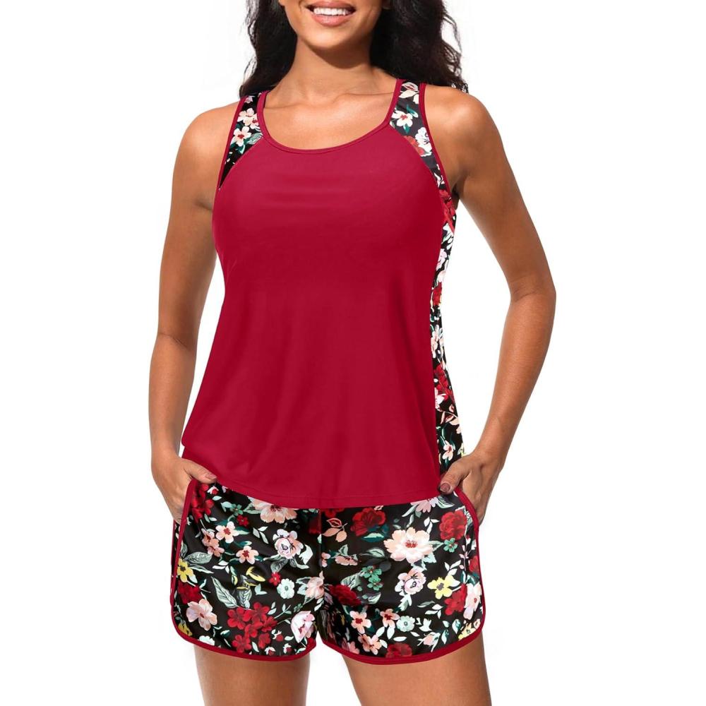 imageWomen Tankini Swimsuit with Shorts  Tummy Control Two Piece Bathing Suit 2025 Swimwear with Sporty PocketsRed Floral