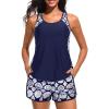 imageWomen Tankini Swimsuit with Shorts  Tummy Control Two Piece Bathing Suit 2025 Swimwear with Sporty PocketsNavy Geometric