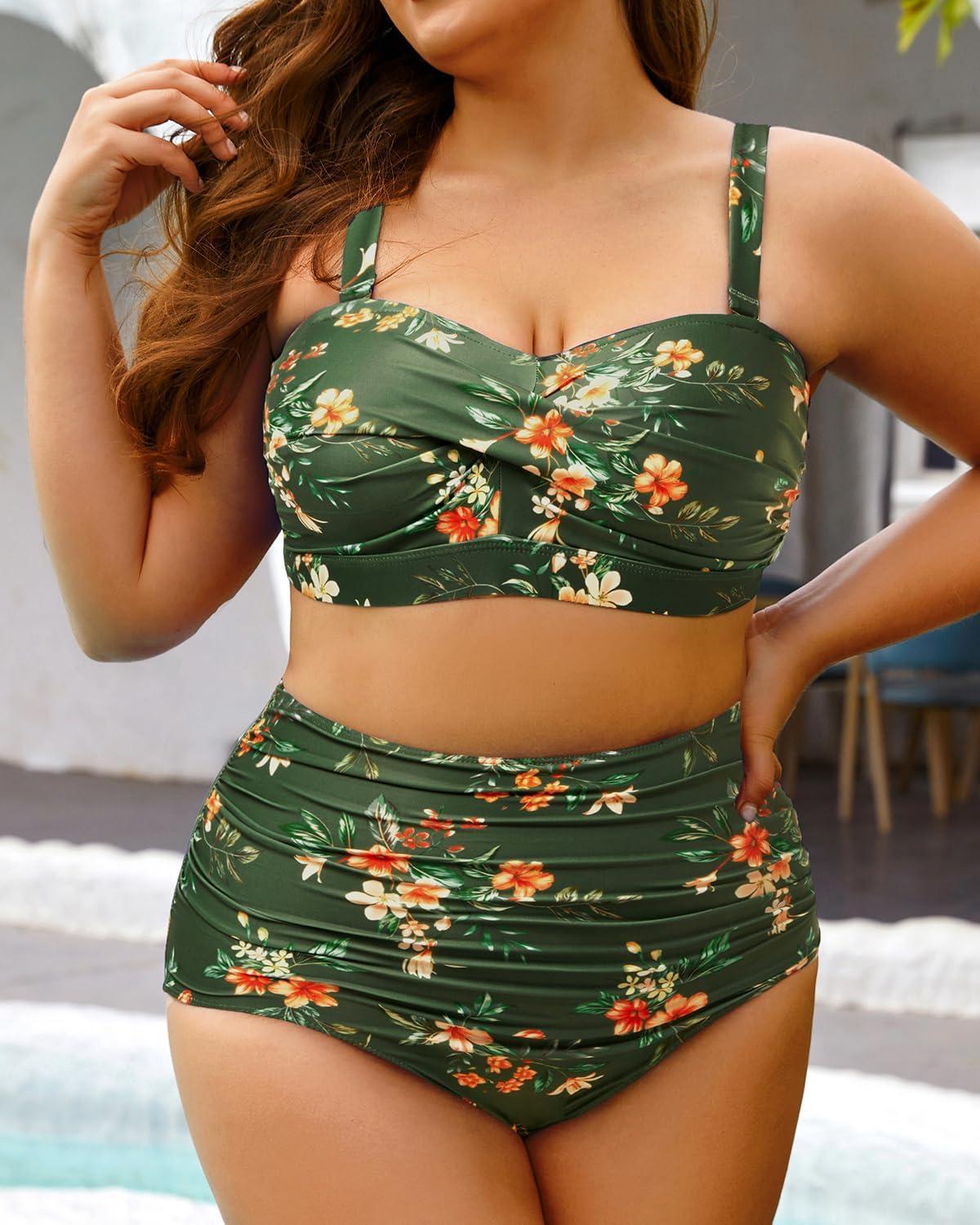 imageYonique Women Plus Size Two Piece Swimsuits High Waisted Bathing Suits Bandeau Bikini Tummy Control SwimwearGreen Floral