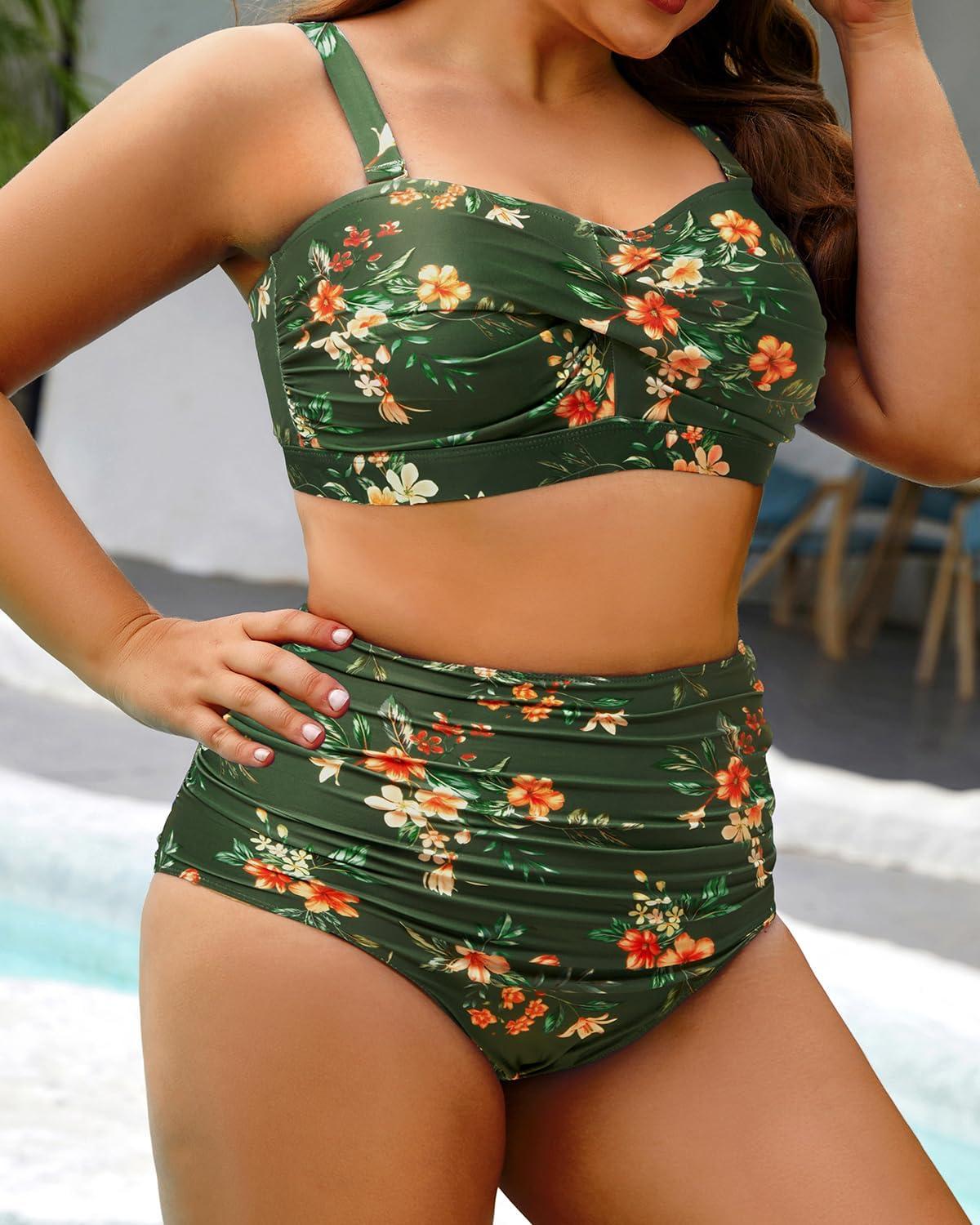 imageYonique Women Plus Size Two Piece Swimsuits High Waisted Bathing Suits Bandeau Bikini Tummy Control SwimwearGreen Floral