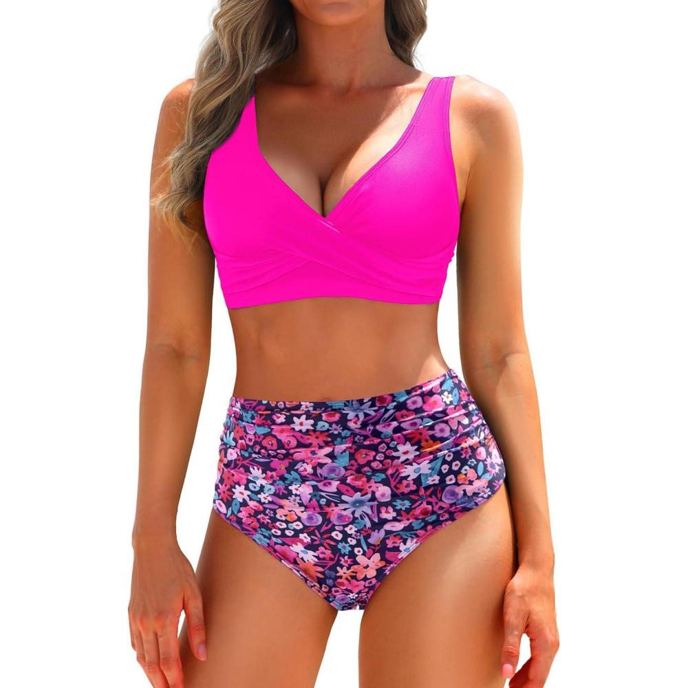imageYonique Womens Two Piece High Waisted Bikini Set Tummy Control Swimsuit Full Coverage Bathing SuitPink Floral