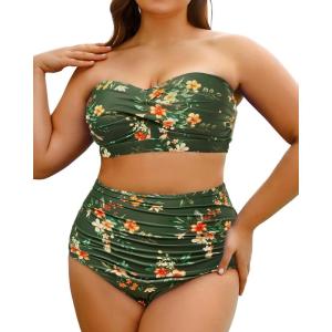 imageYonique Women Plus Size Two Piece Swimsuits High Waisted Bathing Suits Bandeau Bikini Tummy Control SwimwearGreen Floral