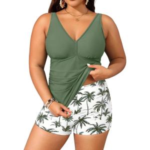 imageYonique Womens Plus Size Swimsuits with Shorts Tummy Control Tankini Two Piece Bathing Suits Athletic SwimwearGreen Palm Tree