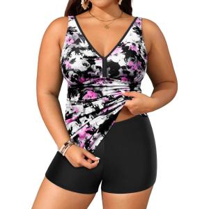 imageYonique Womens Plus Size Swimsuits with Shorts Tummy Control Tankini Two Piece Bathing Suits Athletic SwimwearPurple Floral