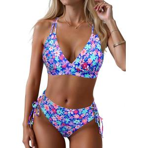 imageWomens Two Piece Bikini  Push Up Swimsuit Set V Neck Lace Up Bathing Suit 2025 SwimwearBlue Floral