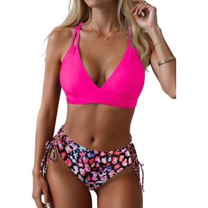 imageWomens Two Piece Bikini  Push Up Swimsuit Set V Neck Lace Up Bathing Suit 2025 SwimwearColorful Leopard