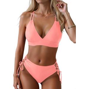 imageWomens Two Piece Bikini  Push Up Swimsuit Set V Neck Lace Up Bathing Suit 2025 SwimwearCoral Pink