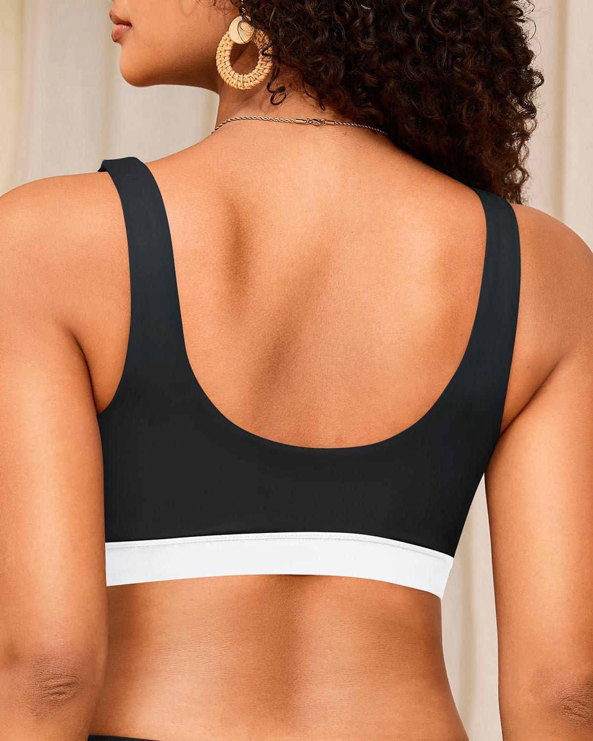 imageWomen Sport Bra Swimsuit Top  Swim Bra Bikini Top Only Scoop Neck Bathing Suit 2025 SwimwearBlack and White1