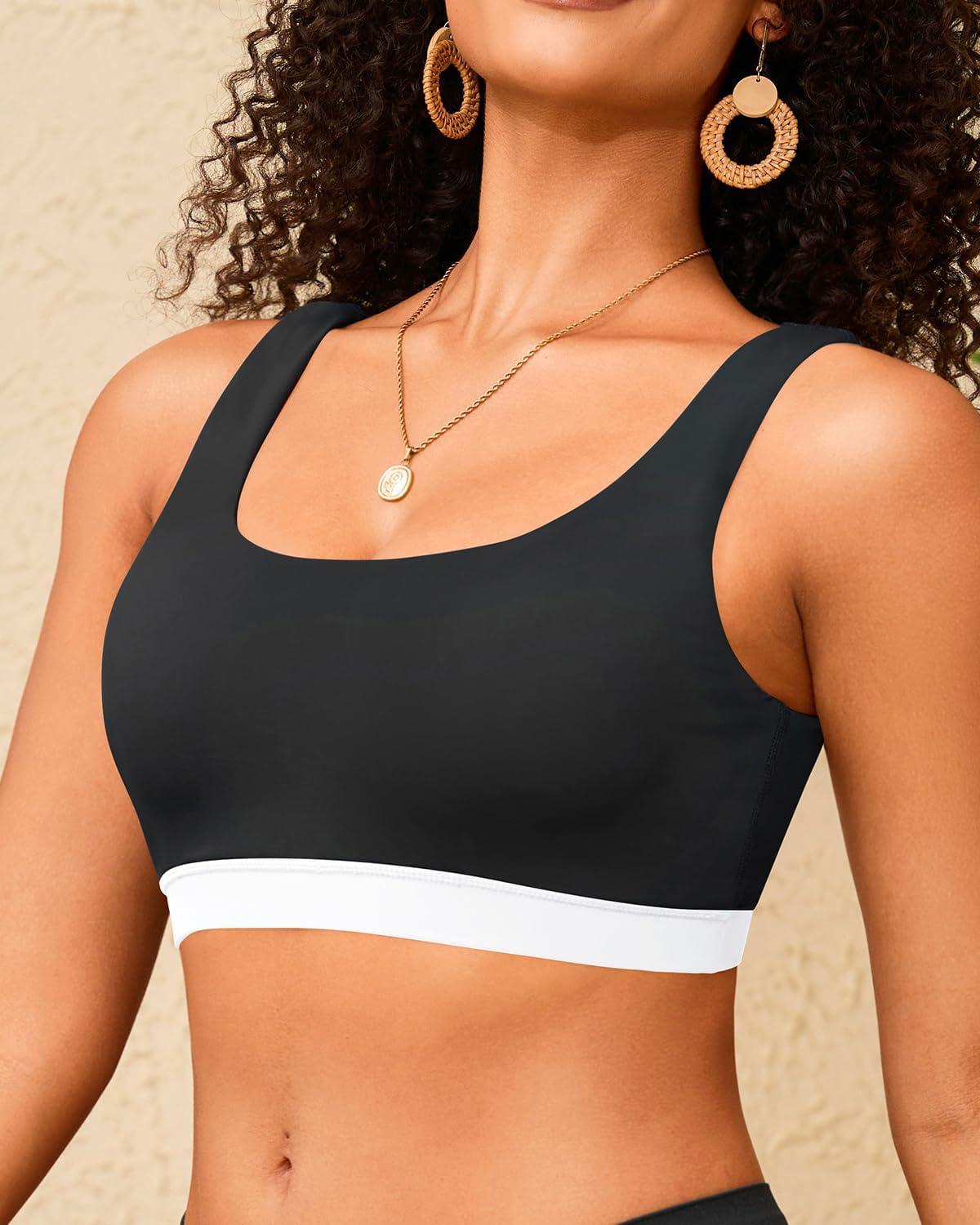 imageWomen Sport Bra Swimsuit Top  Swim Bra Bikini Top Only Scoop Neck Bathing Suit 2025 SwimwearBlack and White1