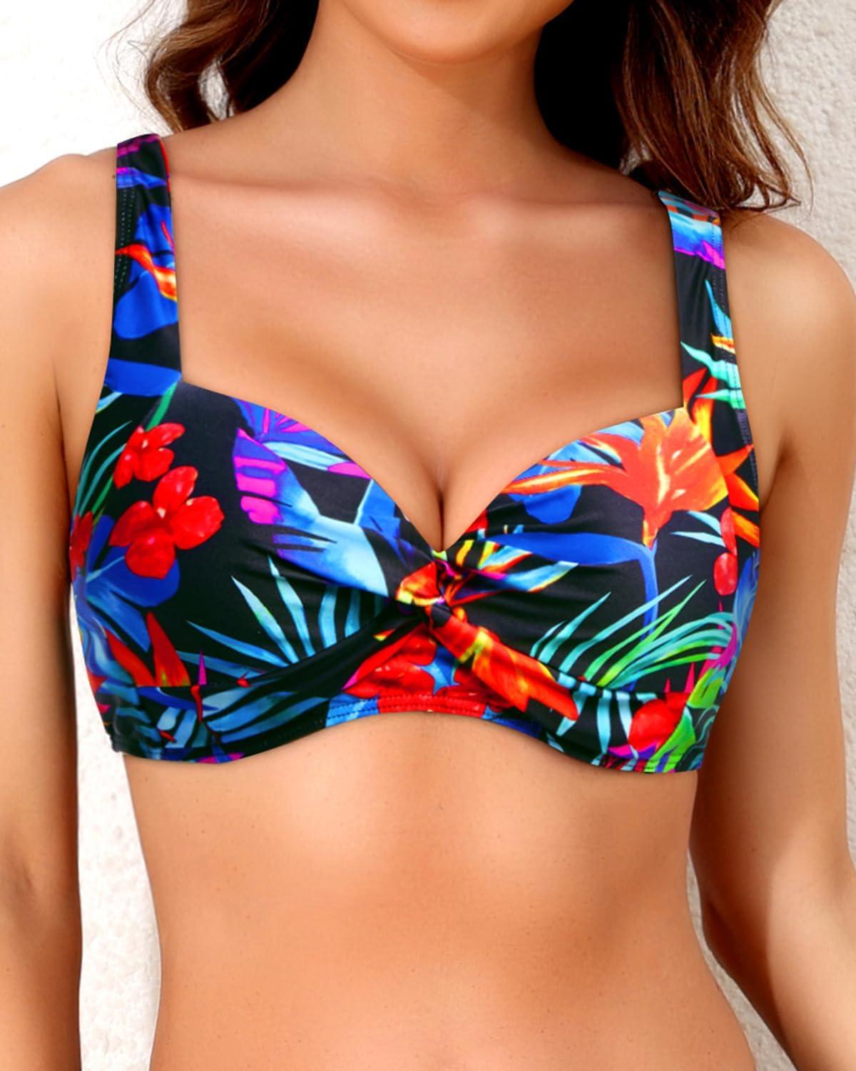 imageWomen Underwire Bikini Top  2025 Push Up Swimsuit Tops Padded Bra Bathing SuitColorful Blue Leaves