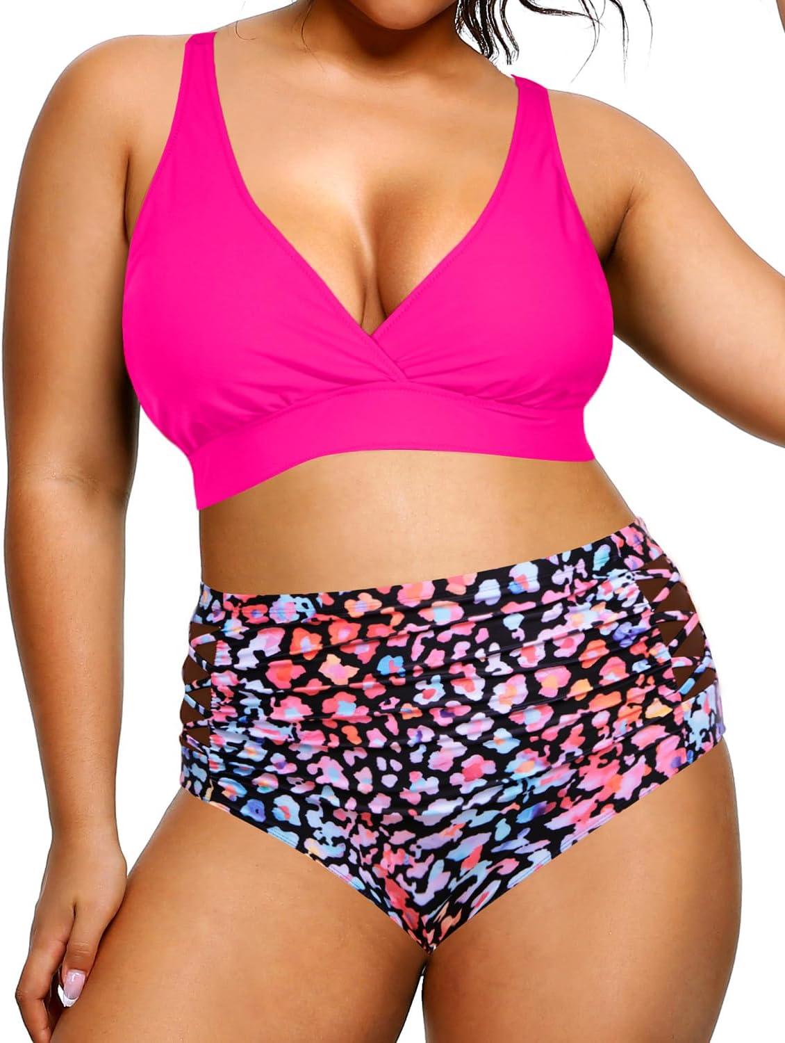 imageYonique Womens Plus Size Bikini High Waisted Swimsuits Two Piece Bathing Suits Tummy Control SwimwearColorful Leopard