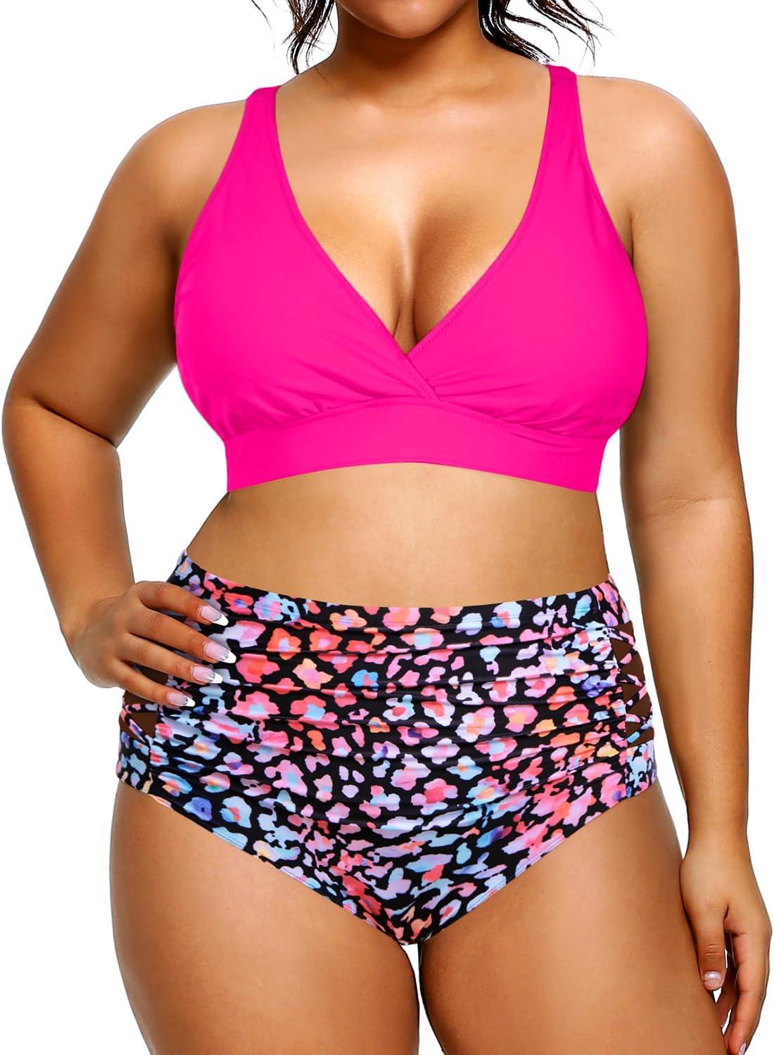 imageYonique Womens Plus Size Bikini High Waisted Swimsuits Two Piece Bathing Suits Tummy Control SwimwearColorful Leopard