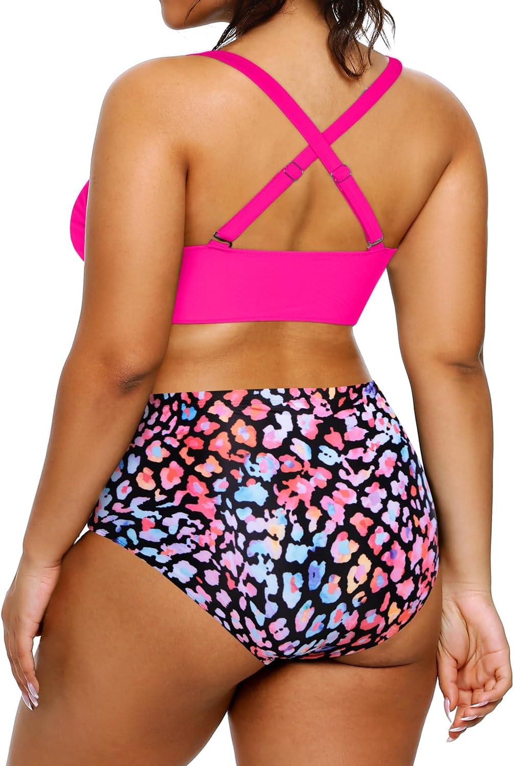 imageYonique Womens Plus Size Bikini High Waisted Swimsuits Two Piece Bathing Suits Tummy Control SwimwearColorful Leopard