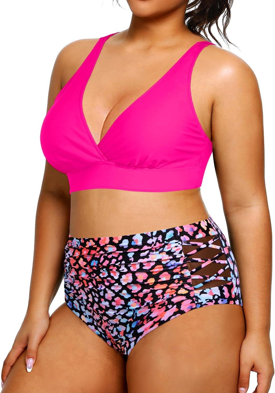 imageYonique Womens Plus Size Bikini High Waisted Swimsuits Two Piece Bathing Suits Tummy Control SwimwearColorful Leopard
